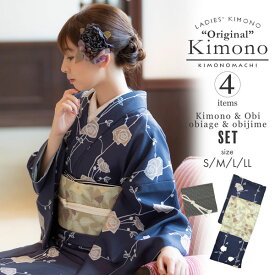 洗える着物 セット「袷着物：ばら墨紺＋京袋帯：蔓いちご」KIMONOMACHI オリジナル 着物と帯と帯揚げと帯締めの4点セット サイズS/M/L/LL コーディネート済み着物セット 小紋 レディース キモノ【メール便不可】ss2512kck10