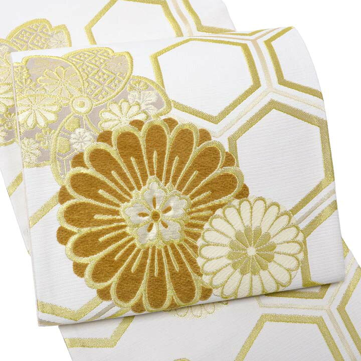 楽天市場】振袖 袋帯 単品「白地、金×香色 二重亀甲に菊桜」日本製 お 