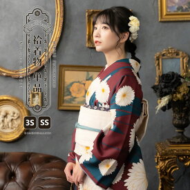 洗える着物 袷着物単品「矢羽根に菊 赤紫色」KIMONOMACHI オリジナル 3S/SS サイズ 小さいサイズ 小紋 カジュアル着物 袷着物 レディース キモノ kimono【メール便不可】