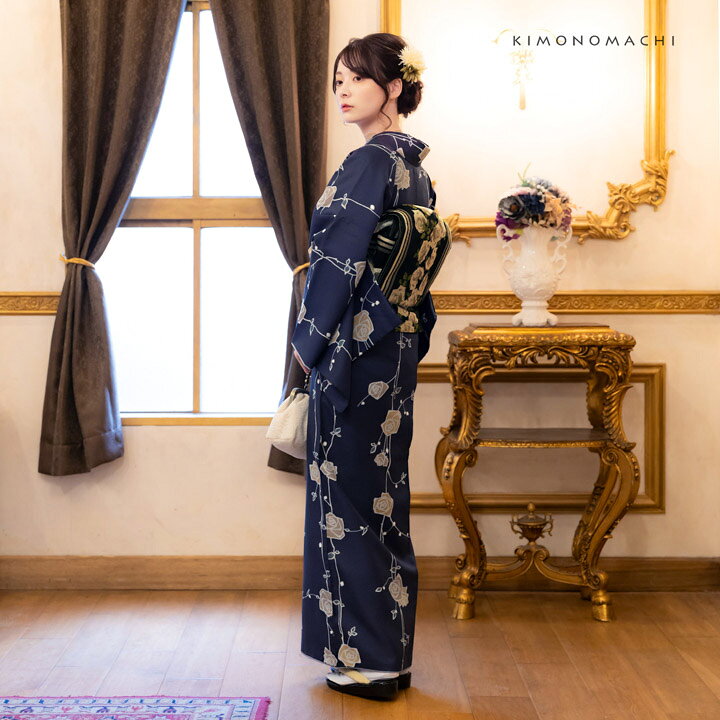 楽天市場】洗える着物 袷着物単品「ばら 墨紺色」KIMONOMACHI 