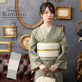 洗える着物 セット「袷着物：星くずに七宝利休鼠＋京袋帯：献上鳥更紗」KIMONOMACHI オリジナル 着物と帯の2点セット サイズS/M/L/LL 2024-2025新作 コーディネート済み着物セット 小紋 レディース キモノ【メール便不可】ss2512kck10