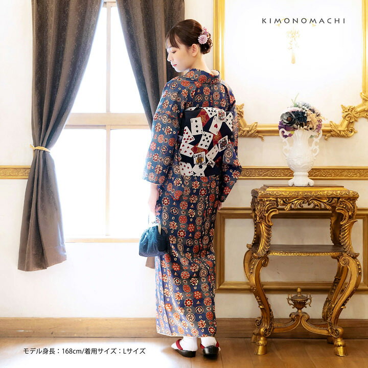 楽天市場】洗える着物 セット「袷着物：丸花更紗に菱紺鼠色＋京袋帯  