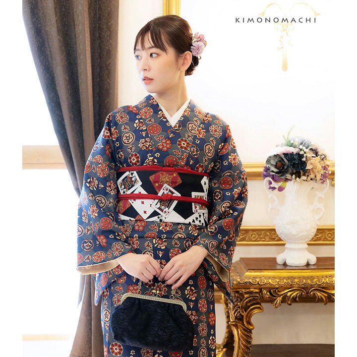楽天市場】洗える着物 セット「袷着物：丸花更紗に菱紺鼠色＋京袋帯 
