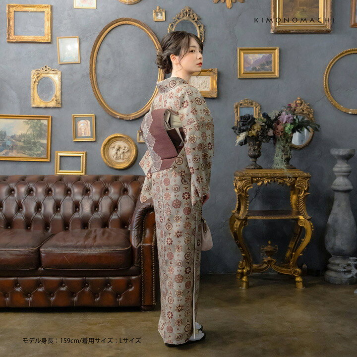 楽天市場】洗える着物 セット「袷着物：丸花更紗に菱灰釉色＋京袋帯 