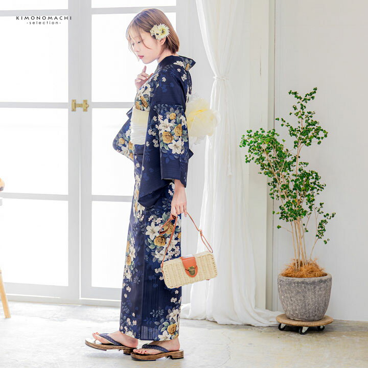 楽天市場】浴衣 レディース 女性浴衣単品「紺地 バラに百合、ブーケ」F 