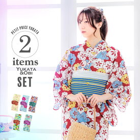 浴衣 セット レディース 浴衣2点セット （浴衣＋作り帯）「赤×オレンジ 菊・水色 鉄線・エンジ 梅と橘・グリーン 梅と橘・ピンク地 蔦と鳥 全5柄」F/フリーサイズ 綿浴衣 きもの町オリジナル 女性用浴衣 ゆかた yukata【メール便不可】