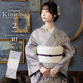 洗える着物 セット「袷着物：アラベスクに南天 藤色＋京袋帯：献上鳥更紗」KIMONOMACHI オリジナル きもの福袋 サイズS/M/L/LL 2025-2026新作 コーディネート済み着物セット 小紋 レディース キモノ【メール便不可】