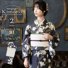 洗える着物 セット「袷着物：白木蓮 藤墨色＋京袋帯：献上鳥更紗」KIMONOMACHI オリジナル きもの福袋 サイズS/M/L/LL 2025-2026新作 コーディネート済み着物セット 小紋 レディース キモノ【メール便不可】