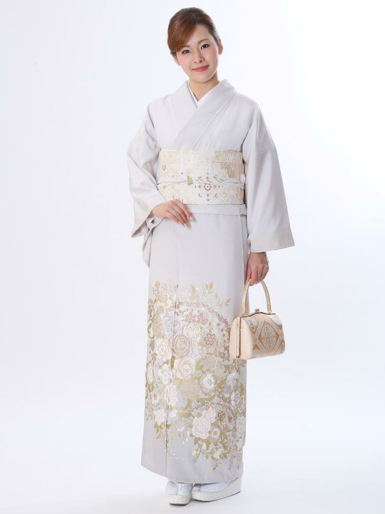 楽天市場 レンタル 色留袖レンタル 着物レンタル 留袖 桂由美 フルセット 色留袖 レンタル 結婚式 披露宴 叙勲式 レンタル 親族 列席者 おすすめ 貸衣装 正絹 姉妹 叔母 伯母 グレー 薔薇 バラ チャペル Mlサイズ 品番 I Yumi 254 着物レンタル美装館
