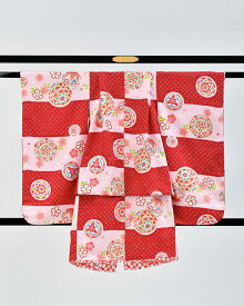 【七五三の7歳着物レンタル】絞り染柄の市松（ピンクと赤）　品番：7-201_kimono