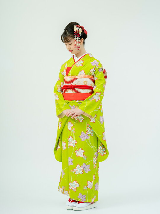 楽天市場】【レンタル】十三参り女の子の高級着物 黄緑色の十三参り  