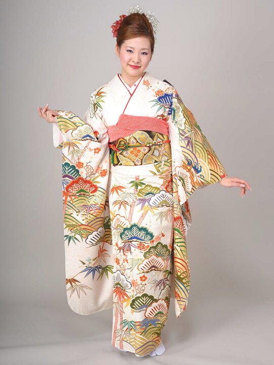 楽天市場 スーパーsale期間限定 レンタル 23年 成人式 ご予約受付中 振袖 レンタル フルセット 結婚式 卒業式 結納 顔合わせ 姉妹 友人 白 松竹梅 古典柄 品番 K 003 着物レンタル美装館