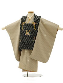 七五三レンタル(3歳男の子/被布)3162/黒 矢絣 兜×薄茶 麻の葉文様 レンタル きものレンタル 七五三 子供和装 被布コート 貸衣装☆新品足袋プレゼント☆fy16REN07【レンタル】