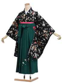 小学生 卒業式 袴セット レンタル 女の子 C098黒小花×緑袴 着物レンタル 袴レンタル 小学校卒業式 ジュニア着物レンタル 小学生 卒業式 袴 レンタル 卒業式袴セット小学生 小学校卒業式 袴セット 【レンタル】