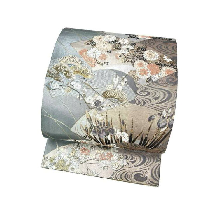 袋帯 麗彩琳派文様 地紙に花柄 菖蒲 菊 松 薄鈍色 フォーマル O-4318  