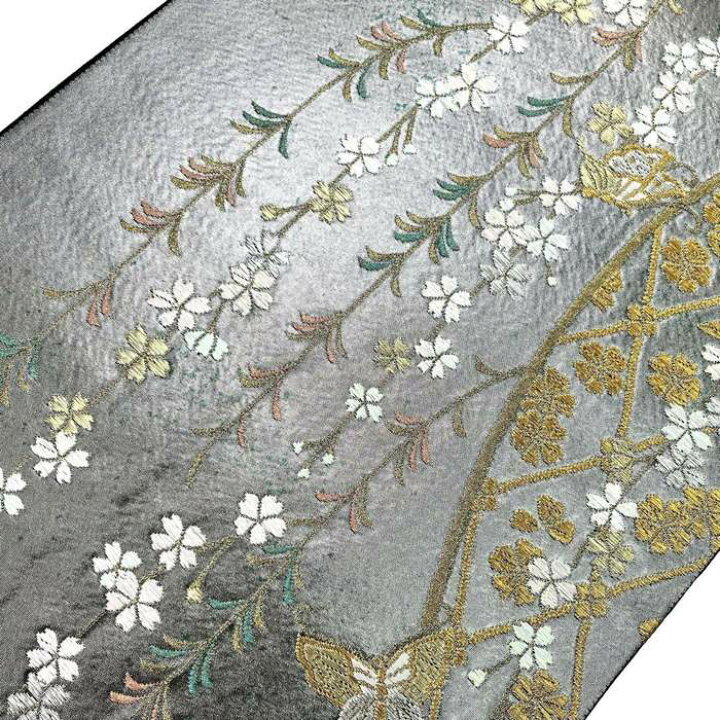 楽天市場】袋帯 手織 引箔 枝垂れ桜 蝶々 金糸 銀色 フォーマル O-4296  
