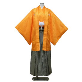 【レンタル】 紋付袴 9点セット【対応身長：170cm〜175cm】羽織袴レンタル フルセット men202-p （mb52-hb017）【往復送料無料】 羽織袴 レンタル 卒業袴 オレンジ 無地 ストライプ 羽織袴 紋 丸に違い鷹の羽 メンズ レンタル着物 結婚式 披露宴 卒業式