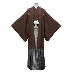 【レンタル】 成人式 紋付袴 9点セット【対応身長：175cm〜180cm】羽織袴レンタル フルセット men209-s （mb068-hb042）【往復送料無料】 二十歳 羽織袴 レンタル 成人式 袴 茶 無地 ストライプ 羽織袴 紋 丸に違い鷹の羽 20歳 メンズ レンタル着物 成人式 謝恩会
