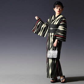 浴衣 3点セット(浴衣＋帯＋下駄) レディース フリーサイズ 浴衣セット 古典 よろけ縞 縞 麻の葉 赤 黒 白 生成り アイボリー かっこいい 女性 浴衣セット 楽天発送