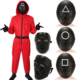 イカゲーム マスク お面 メッシュ コスプレ 仮面 (丸・三角形・四角・ボス）仮装 半顔 半面 プリント コスプレ ダンス ハロウィン ホラー イベント 韓国 子供 おもちゃ