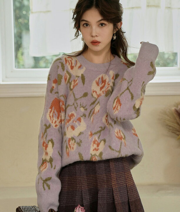 楽天市場】送料無料 トップス ニット セーター ジャカード 花柄  