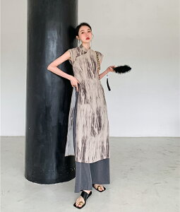 送料無料 ワンピース ドレス ノースリーブ プリント スタンドカラー チャイナ服 民族衣装 エスニック 「cawaii french」