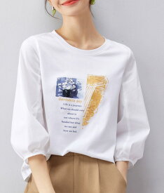 送料無料 Tシャツ カットソー トップス レタープリント 七分袖 ポワン袖 大きいサイズ ルーズ リラックス ゆったり 春夏 「cawaii french」