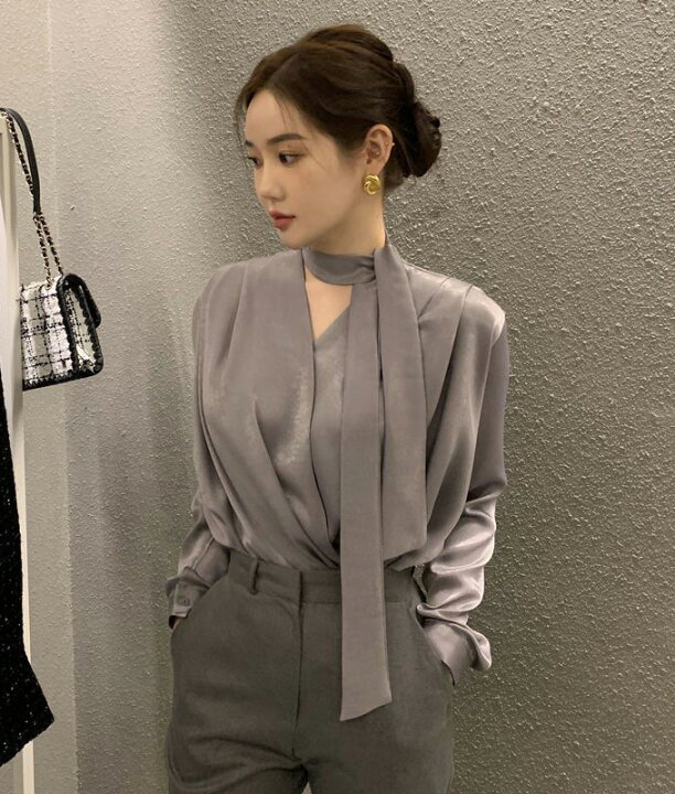 楽天市場】送料無料 トップス ブラウス シャツ 長袖 ボウタイ ネクタイ  