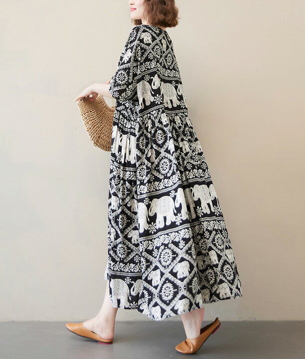 楽天市場】送料無料 ワンピース ロング ミモレ 七分袖 柄ワンピ 柄  