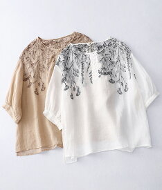送料無料 トップス ブラウス 半袖 パフスリーブ ぽわん袖 ラウンドネック リネン 麻 刺繍 花 フラワー ボタニカル スモック風 ホワイト ベージュ 白「cawaii french」