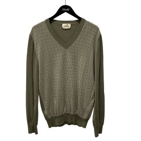 【中古】HERMESフロント総柄 Vネックニット オリーブ×ベージュ サイズ：XL【価格見直し】