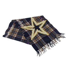 【中古】DRIES VAN NOTEN　スター刺繍 ウールチェックマフラー ネイビー×ベージュ 【011125】（ドリスヴァンノッテン）