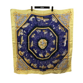 【中古】HERMES　カレ90 漁船の帰港 スカーフ ネイビー×イエロー 【241225】（エルメス）