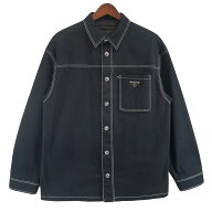 【中古】PRADA　23AW Stretch cotton shirt トライアングルプレート ロゴ コットン ギャバジン オーバー…