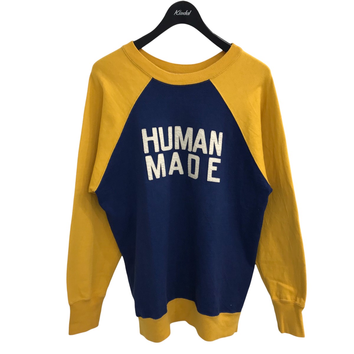 【中古】HUMAN MADE　ロゴアップリケラグランスウェット ブルー×イエロー サイズ：L 【180322】（ヒューマンメイド） |  ブランド古着のカインドオル