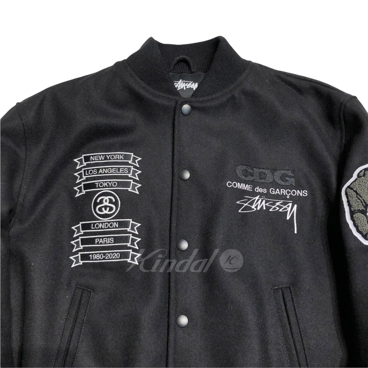 【中古】COMME des GARCONS　×STUSSY　４０周年記念　Varsity Jacket　スタジャン ブラック サイズ：S  【220922】（コムデギャルソン） | ブランド古着のカインドオル