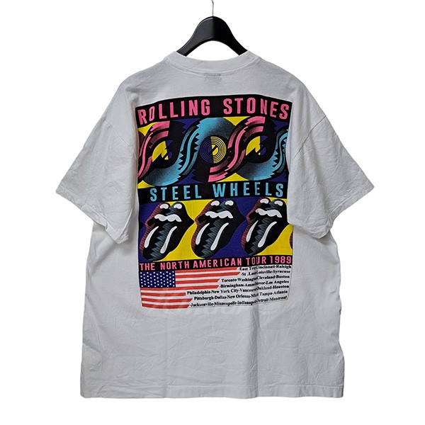 【中古】BROCKUM　The Rolling Stones STEEL WHEELS TOUR 89　バンドTシャツ  ホワイト×オレンジ×ピンク×ブルー サイズ：XL 【080823】（ブロッカム） | ブランド古着のカインドオル
