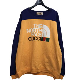 【中古】GUCCI×THE NORTH FACE21AW クルーネックスウェット イエロー×ネイビー サイズ：L【価格見直し】