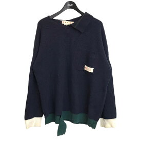 【中古】MARNI　2022AW アシンメトリーネックデストロイニット ネイビー×グリーン サイズ：46 【011123】（マルニ）