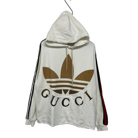 【中古】GUCCI×adidasロゴプリントスウェットプルオーバーパーカー ホワイト サイズ：M【価格見直し】