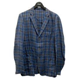 【中古】LARDINI　リネンブルーチェックシングルシャツジャケット JK506 ネイビー×ブラウン サイズ：50 【151223】（ラルディーニ）