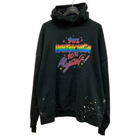 【中古】BALENCIAGA　22AW｢90／10 hoodie｣ ダメージ加工プリントパーカー 674986 ブラック サイズ：2 【290224】（バレンシアガ）