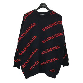 【中古】BALENCIAGA　ALLOVER LOGO CREWNECK KNIT 総柄ロゴニットセーター 555279 ネイビー×レッド サイズ：XS 【160424】（バレンシアガ）