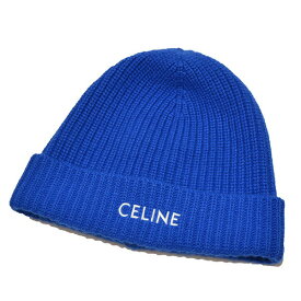 【中古】CELINE　ロゴ刺繍ニットキャップ　ビーニー ブルー 【230424】（セリーヌ）