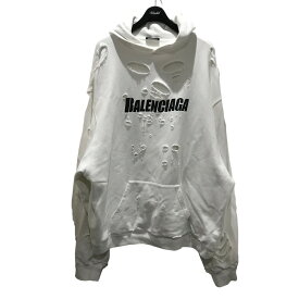 【中古】BALENCIAGA　デストロイロゴプルオーバーパーカー 659403 ホワイト サイズ：M 【240524】（バレンシアガ）