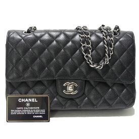 【中古】CHANEL　Mattress25 Caviar skin double flap マトラッセ25 キャビアスキン ダブルフラップ ショルダーバッグ ブラック × シルバー 【310524】（シャネル）