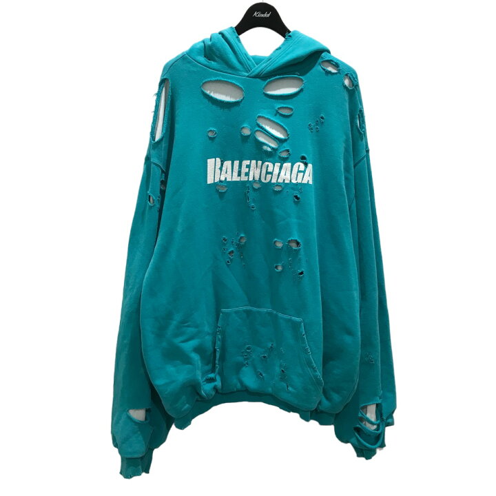 Balenciaga ダメージ加工 パーカー M ターコイズデストロイ