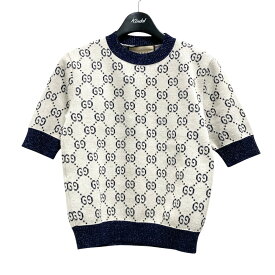 【中古】GUCCI　GGラメジャカードトップ 半袖ニット 692717 XKB54 グレー×ネイビー サイズ：XXS 【080225】（グッチ）
