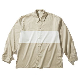 SANDINISTA Broad Line Print Slit Shirt(SAND BEIGE)(サンディニスタ ボーダーラインプリントスリットシャツ)【メンズ シャツ 襟付き ボーダー ビックシルエット スリット きれいめ シンプル 長持ち 綺麗目 カジュアル 23SS ベージュブラウン】