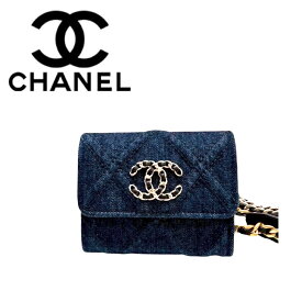 【中古美品】CHANEL シャネル チェーンショルダー コンパクトウォレット デニム ブルー AP1787